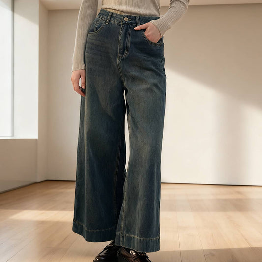 Retro high-waisted simple loose wide-leg jeans