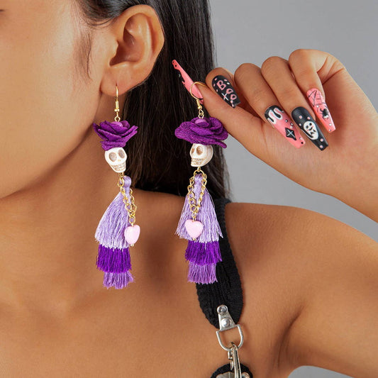 HALLOWEEN SKULL TASSEL RICE BEAD EARRINGS