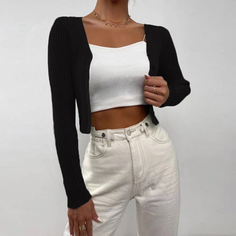 V-NECK PIT STRIP SINGLE BREASTED SHORT CARDIGAN