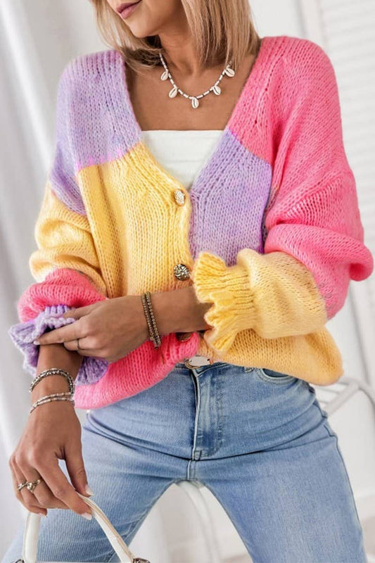 CWOCAL2362_COLORBLOCK RUFFLE EDGE LOOSE KNIT CARDIGAN