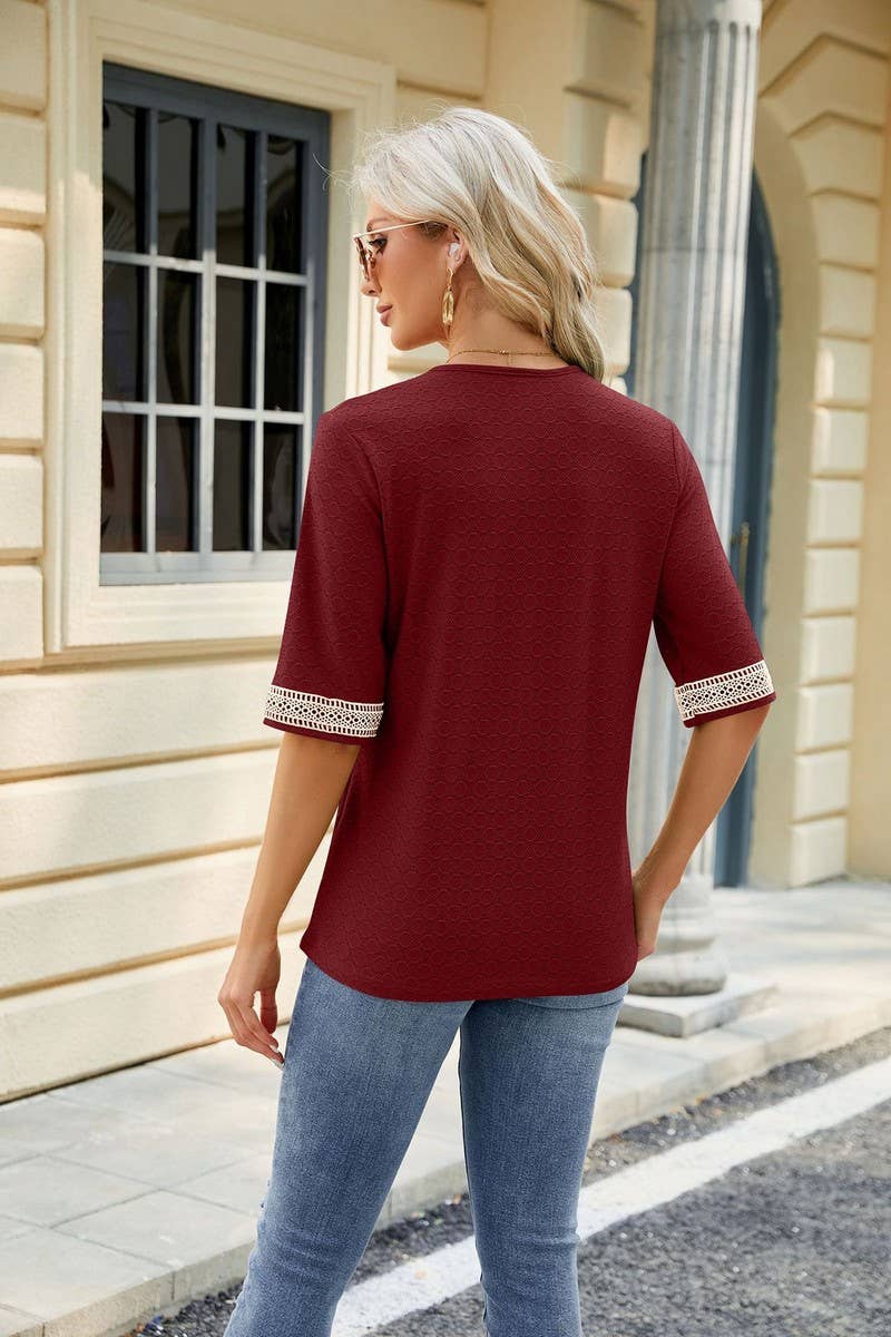 V NECK LACE STITCHING SOLID COLOR LOOSE TOP_CWTSTS0187