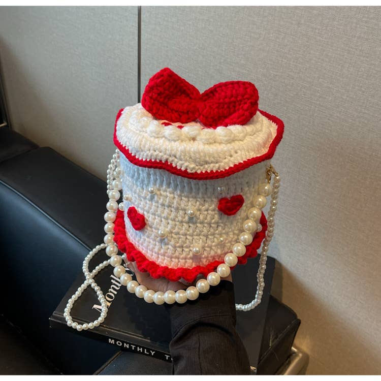 Personalized cake-shaped pearl chain knitted bag