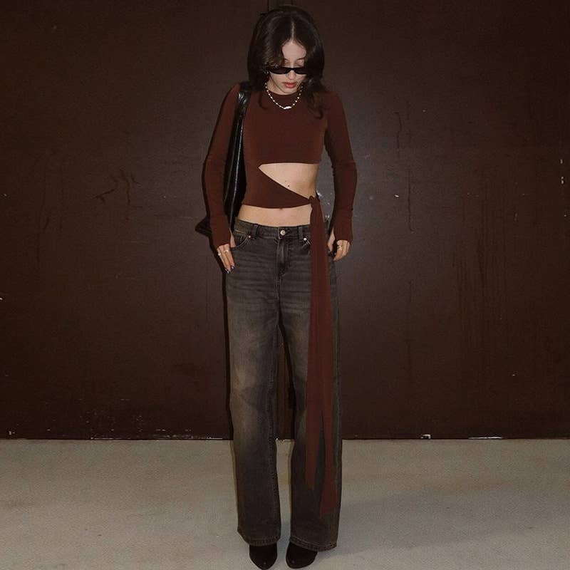 Fashionable long-sleeved round-neck lace-up top