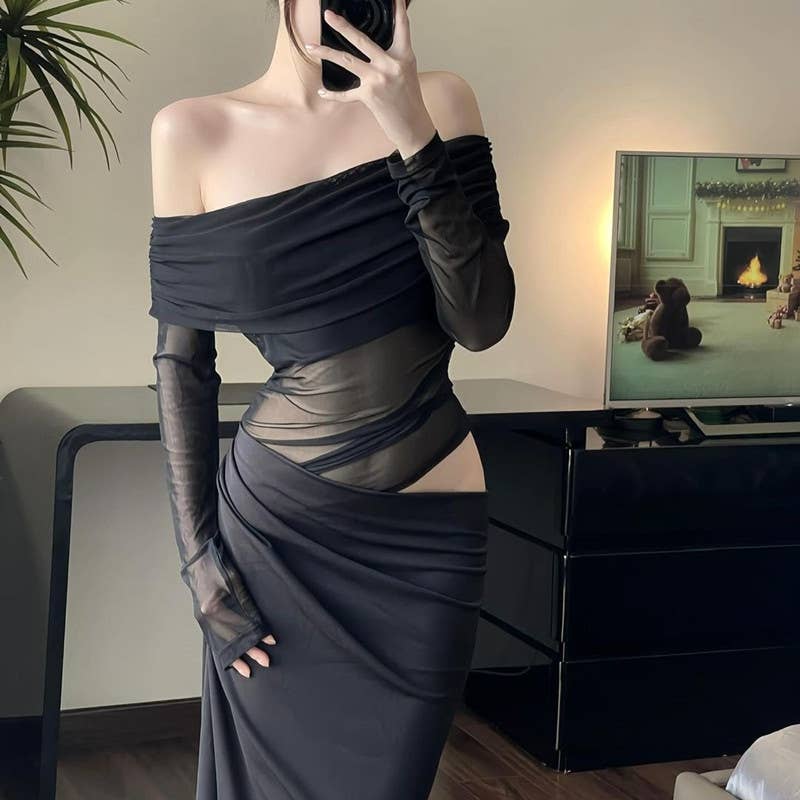 A one-shoulder mesh tulle patchwork cutout dress