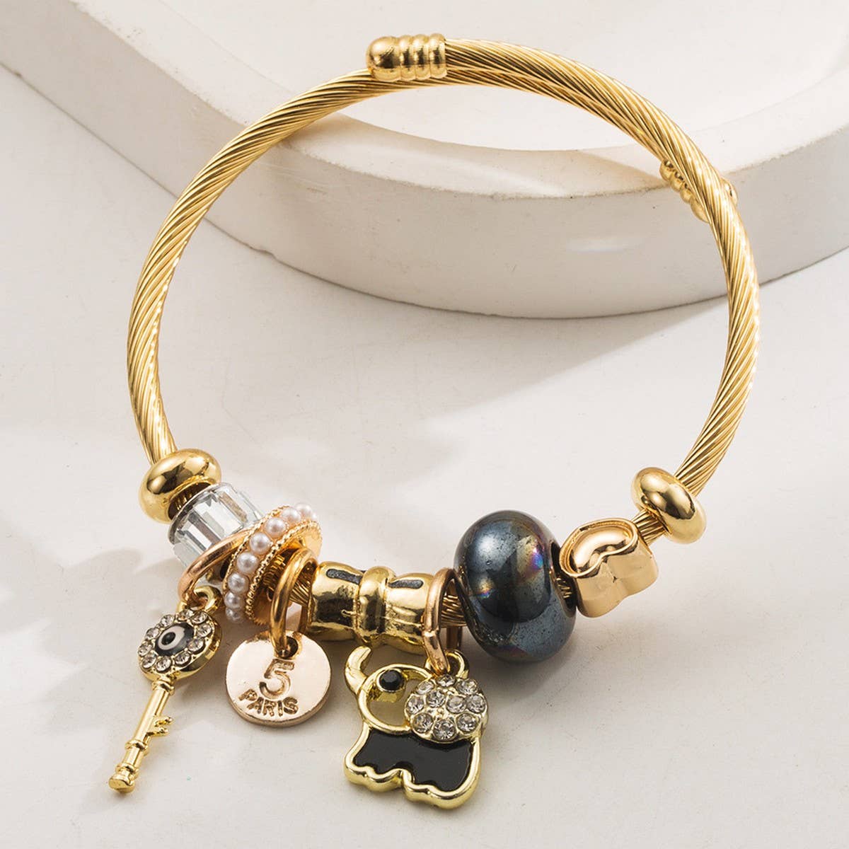 Personalized Elephant Charm Titanium Bracelet_CWMM8607