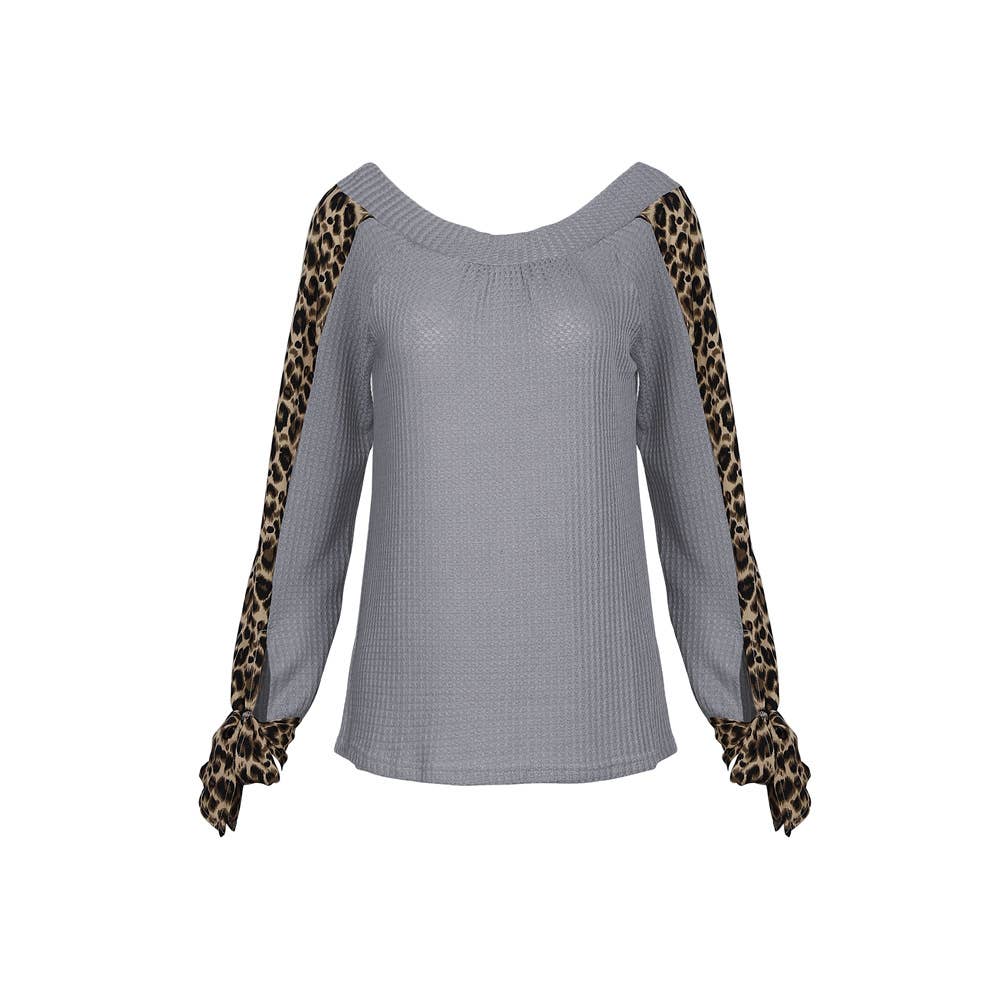 Leopard print patchwork one-shoulder knitted top