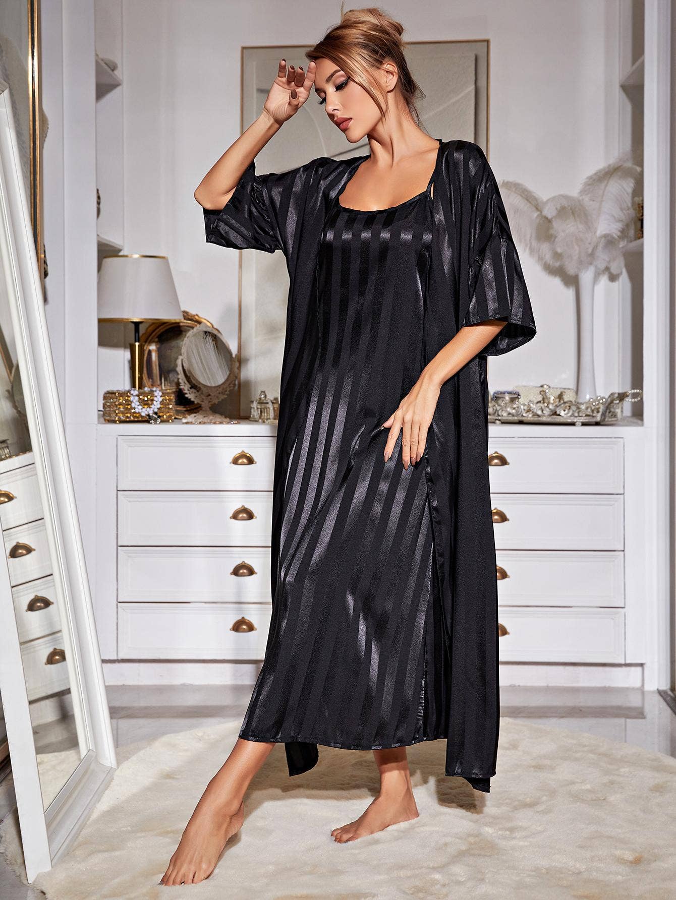 Long-sleeved ice silk bathrobe and home wear set