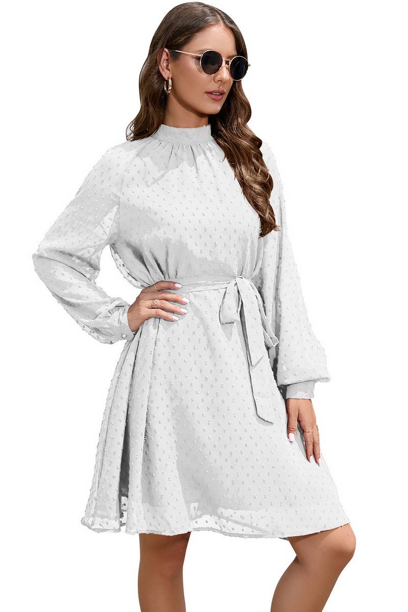 CWDSD5810_MID-NECK LONG-SLEEVED CHIFFON POMPOM BELT DRESS