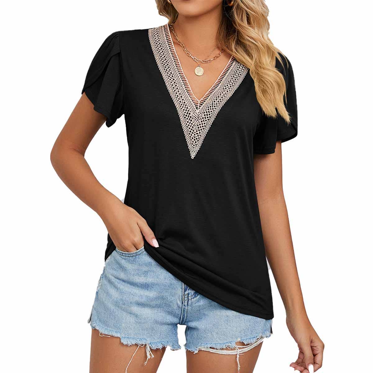 Gold Lace V-Neck Tile Short Sleeve T-Shirt