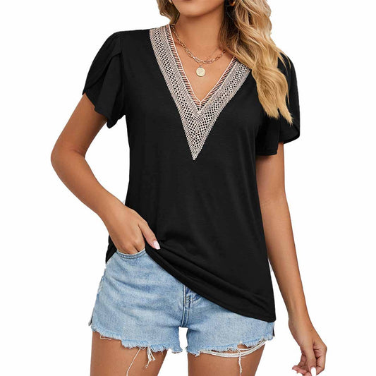 Gold Lace V-Neck Tile Short Sleeve T-Shirt
