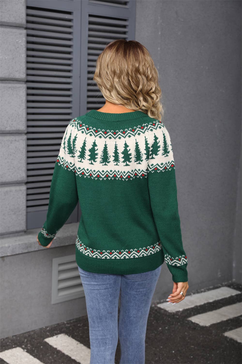 Round-neck jacquard Christmas tree green sweater