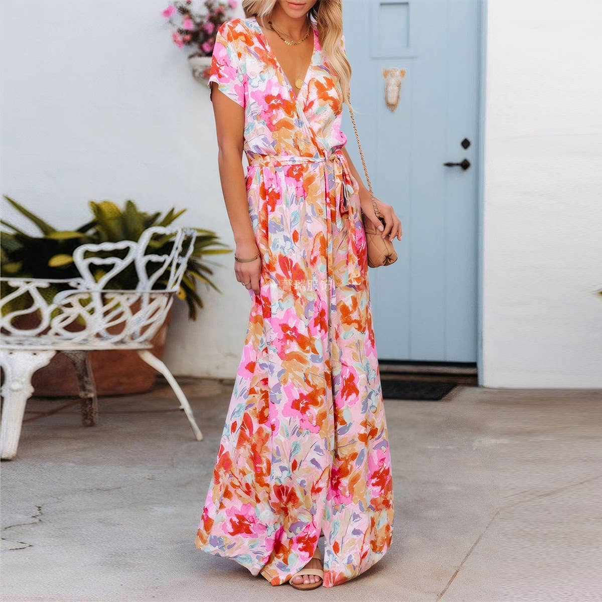 Vacation-style printed V-neck short-sleeved dress