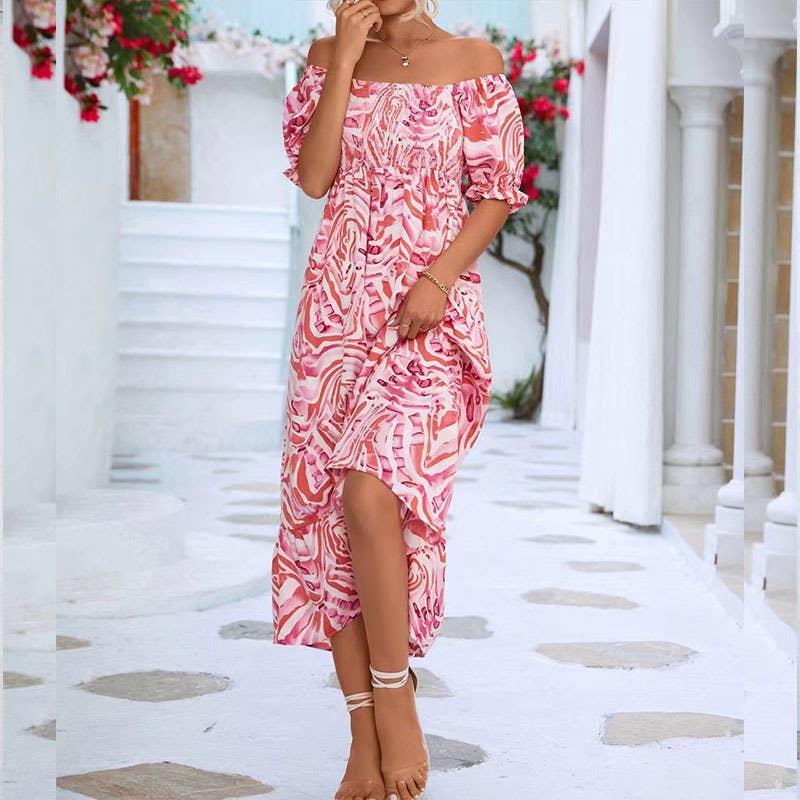 Print dress with line neck top and high waist