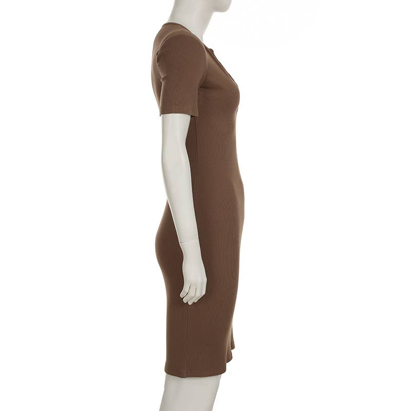 V-neck button-down waist-cinching knitted dress