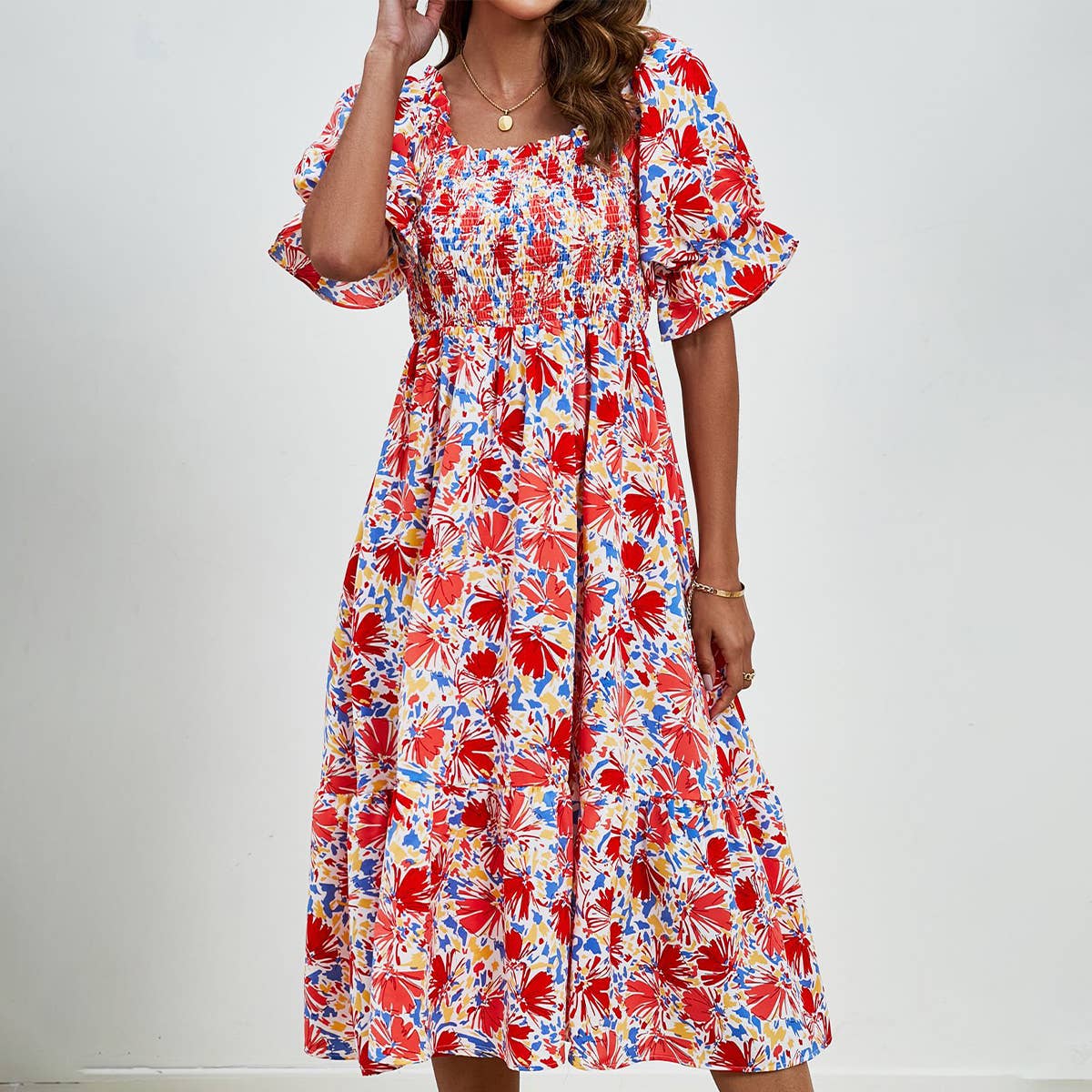 Print pleated square collar puffed sleeves dress