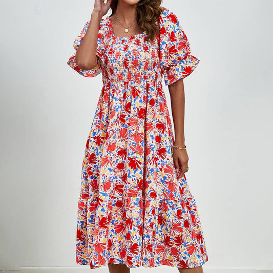 Print pleated square collar puffed sleeves dress