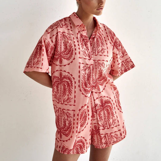 PRINTED SHORT SLEEVE CARDIGAN AND SHORTS SUIT