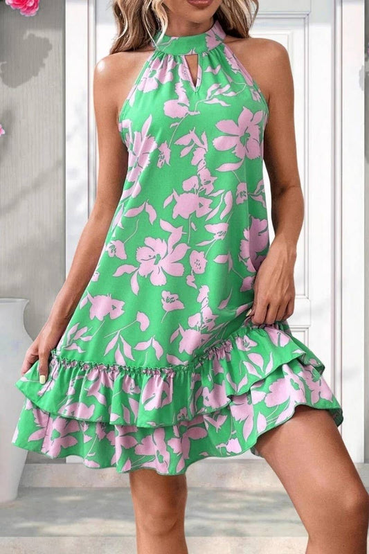 CWDHL0630_HALTER NECK RUFFLE PRINT SLEEVELESS DRESS