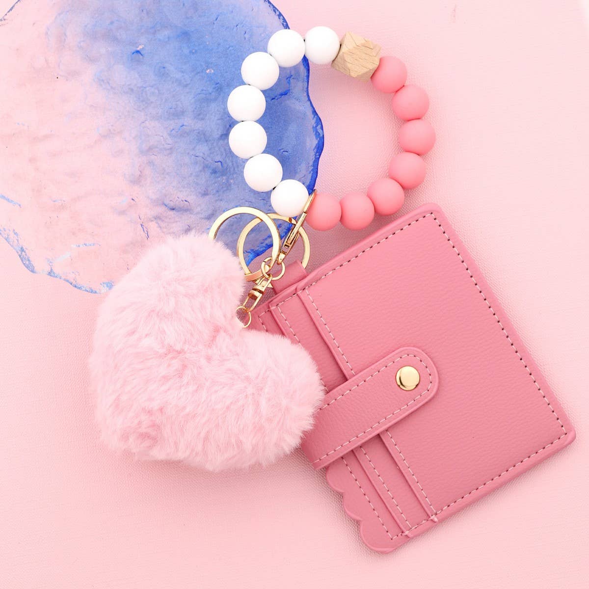Heart Fur Ball Keychain Wallet with Bead Bracelet_CUAB00448