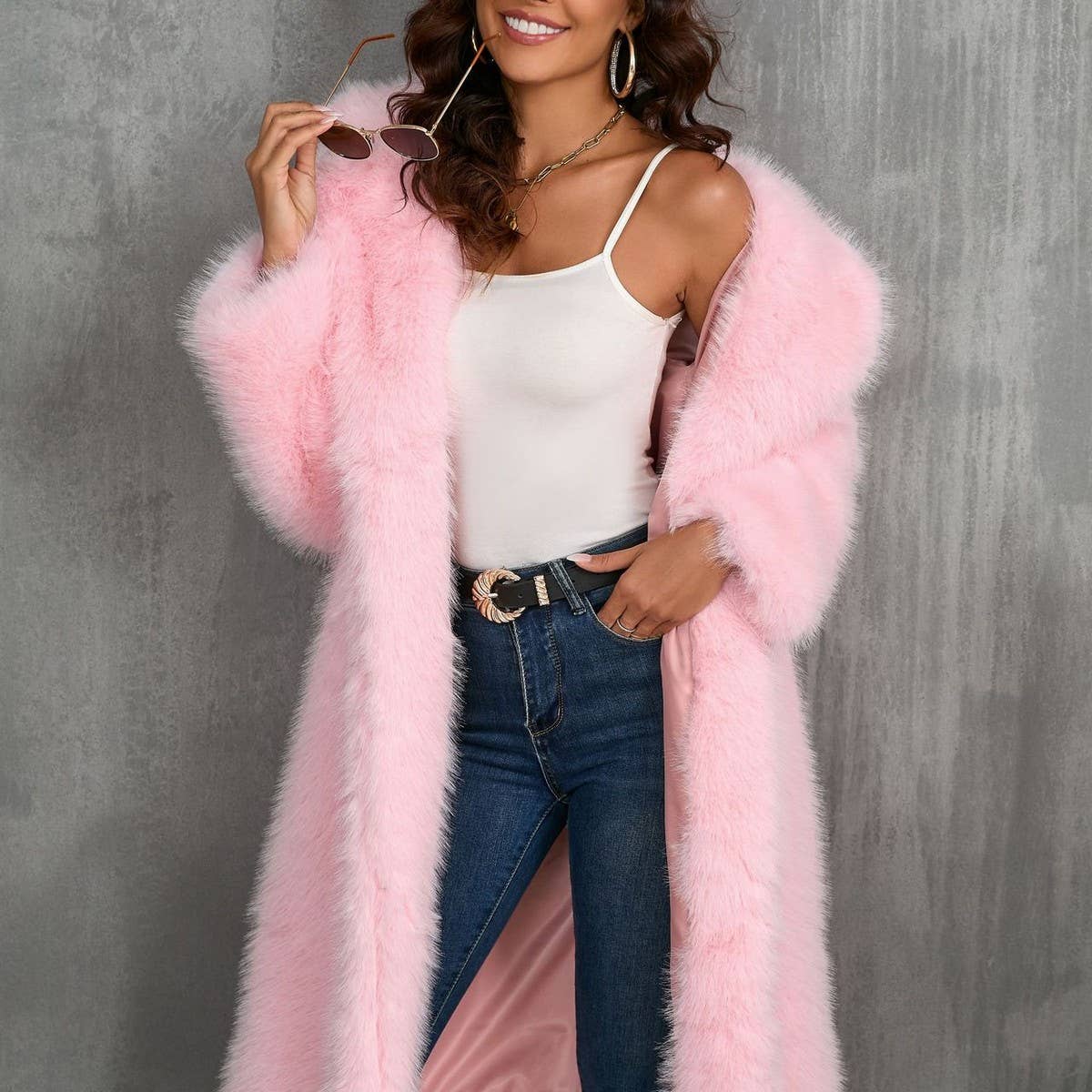 Thick Faux Fox Fur Long Coat with Lapel