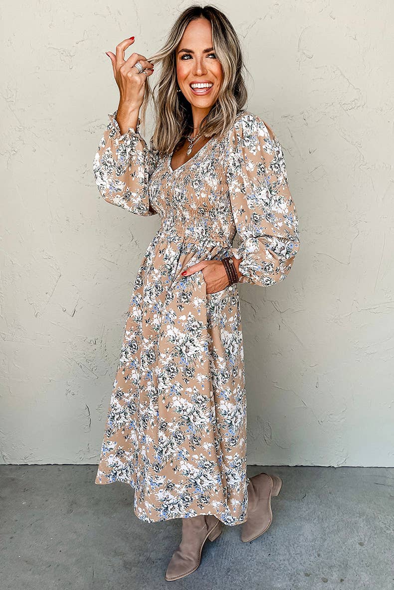 VINTAGE HIGH-WAISTED PLEATED FLORAL PRINT DRESS