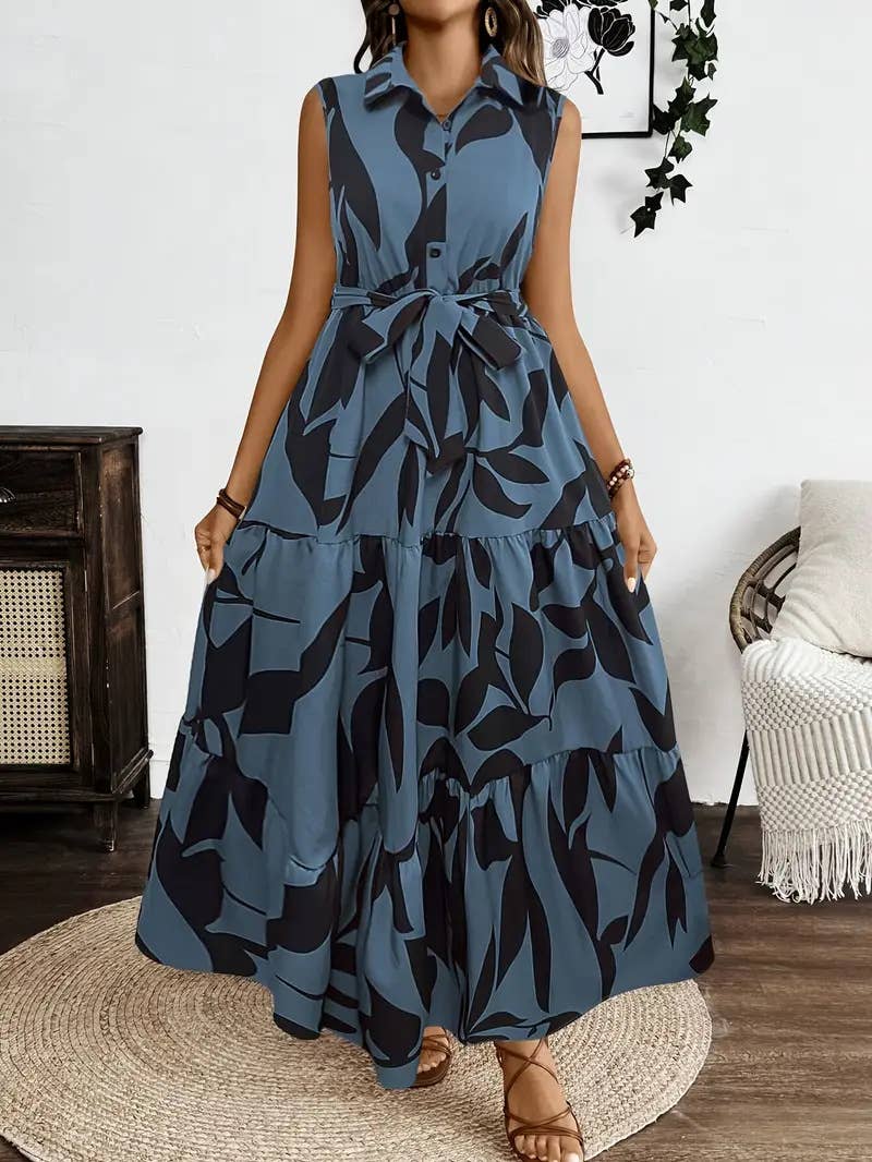 Elegant printed and a cinched waist long dress