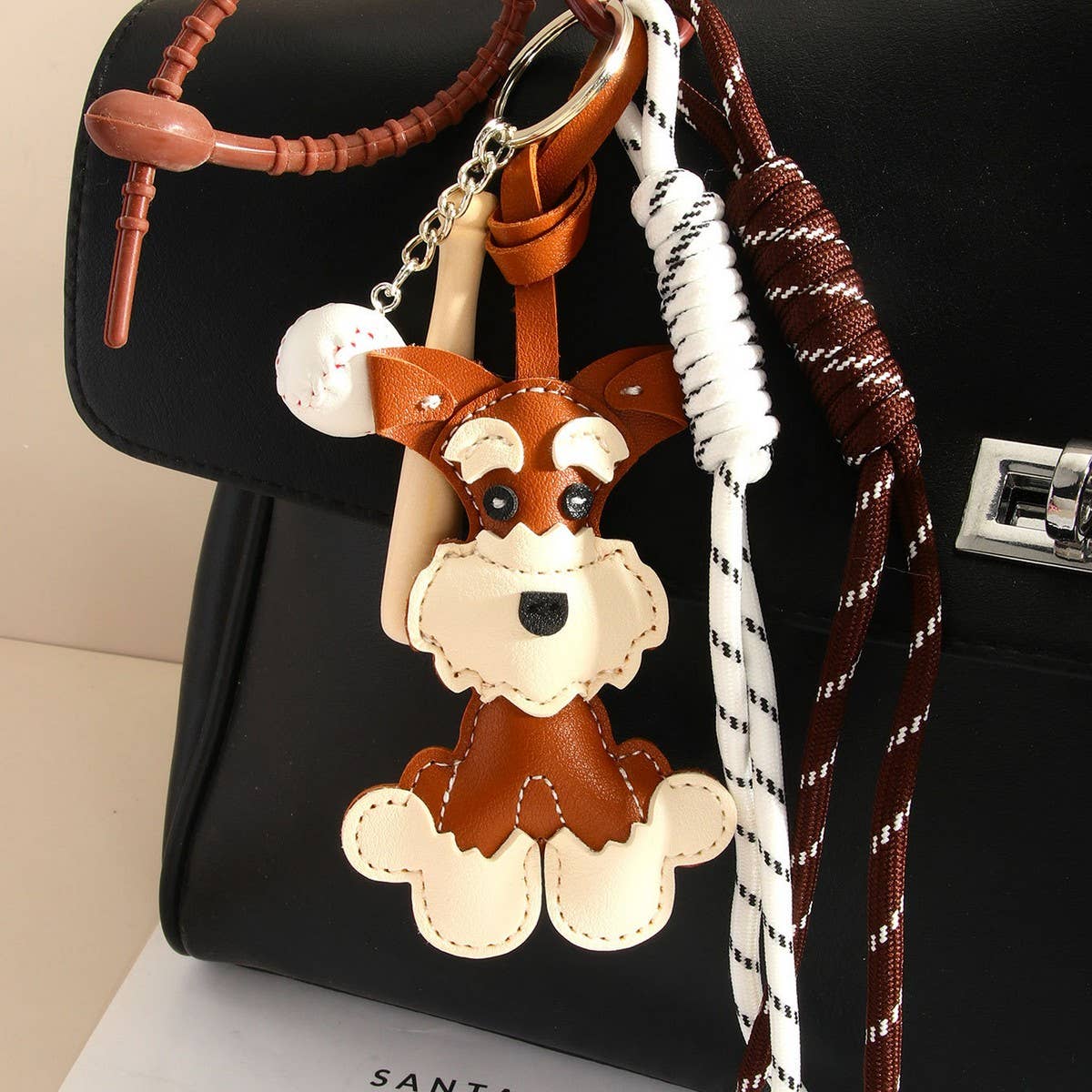 Cute Schnauzer PU Keychain with Heart & Braid