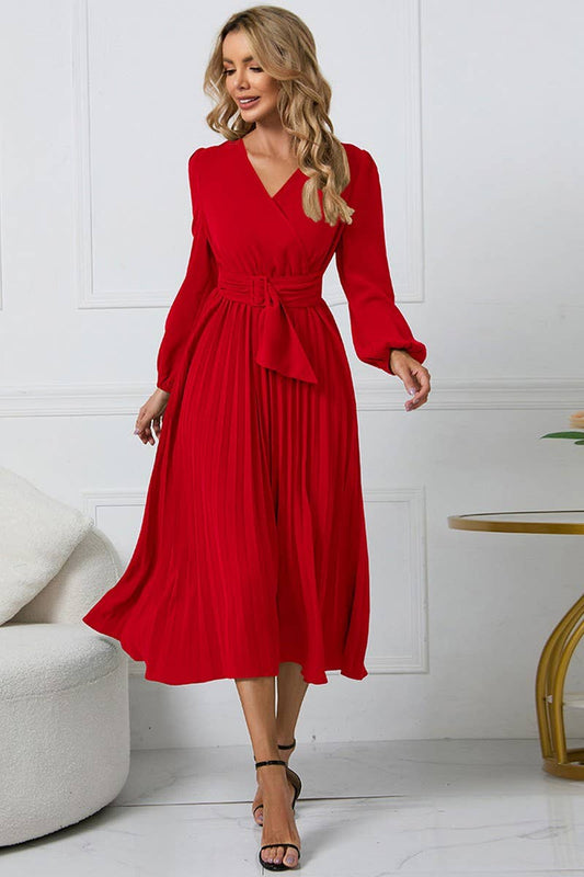 CWDMD1462_V-NECK LONG SLEEVED PLEATED DRESS