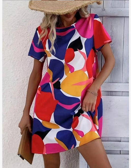 Holiday print crew neck short-sleeved dress