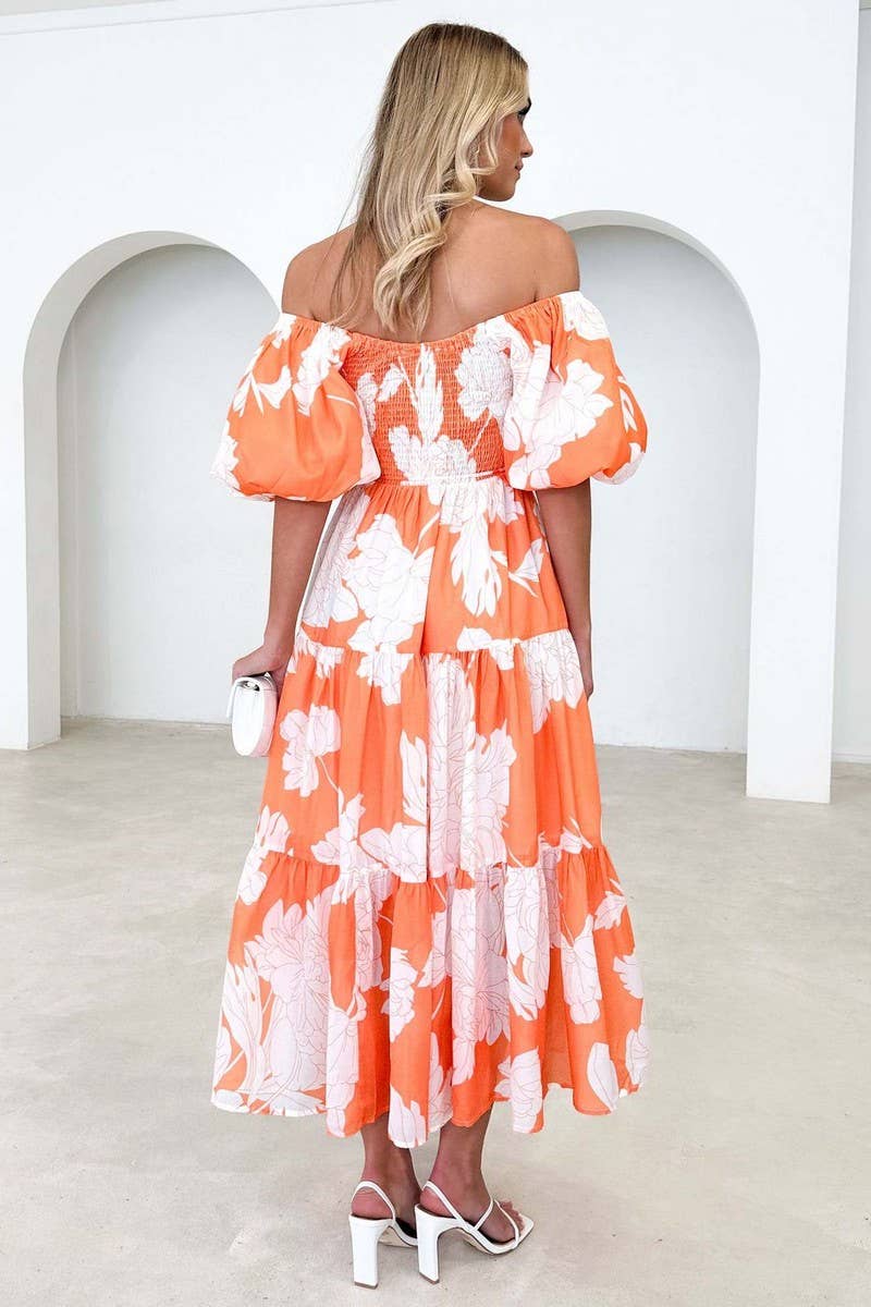 One line shoulder puffed up sleeve waist big swing longdress