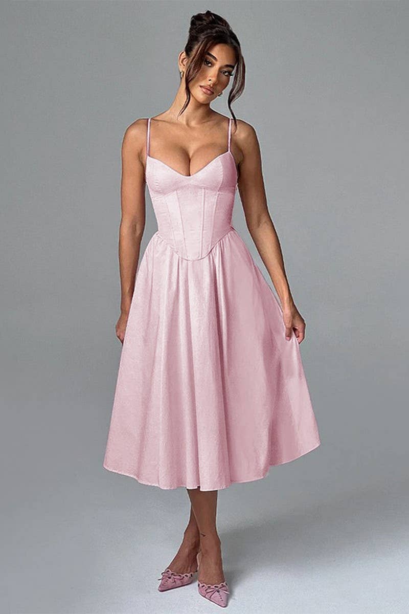 CWDMD5068_SPRING V-NECK SOLID COLOR WAIST SUSPENDER DRESS