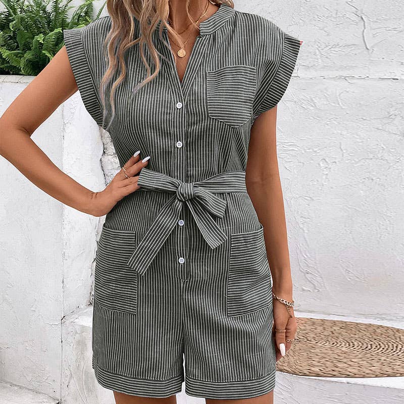 PINSTRIPE LACE-UP SHORT-SLEEVED JUMPSUIT