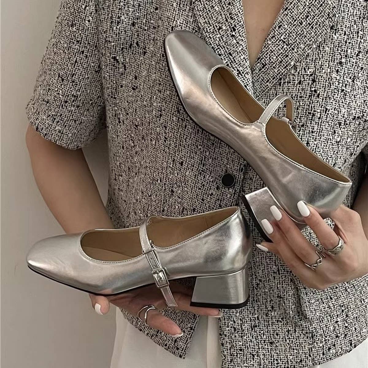 Silver Square Toe Chunky Heel Mary Jane Shoes