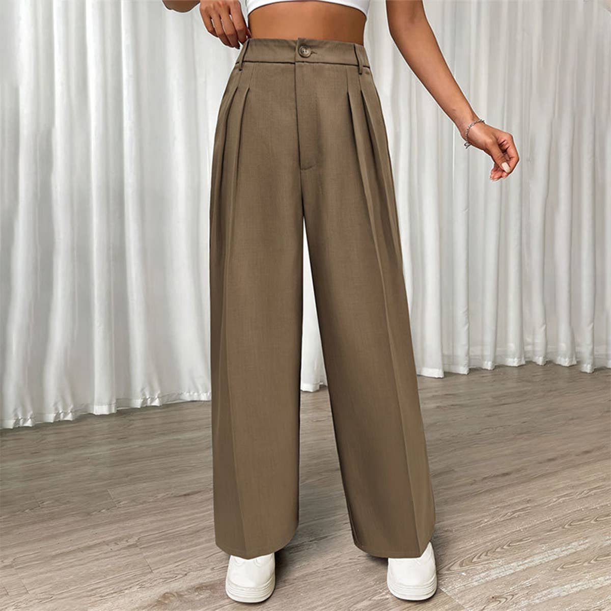 PLEATED BAGGY HIGH-WAISTED STRAIGHT PANTS