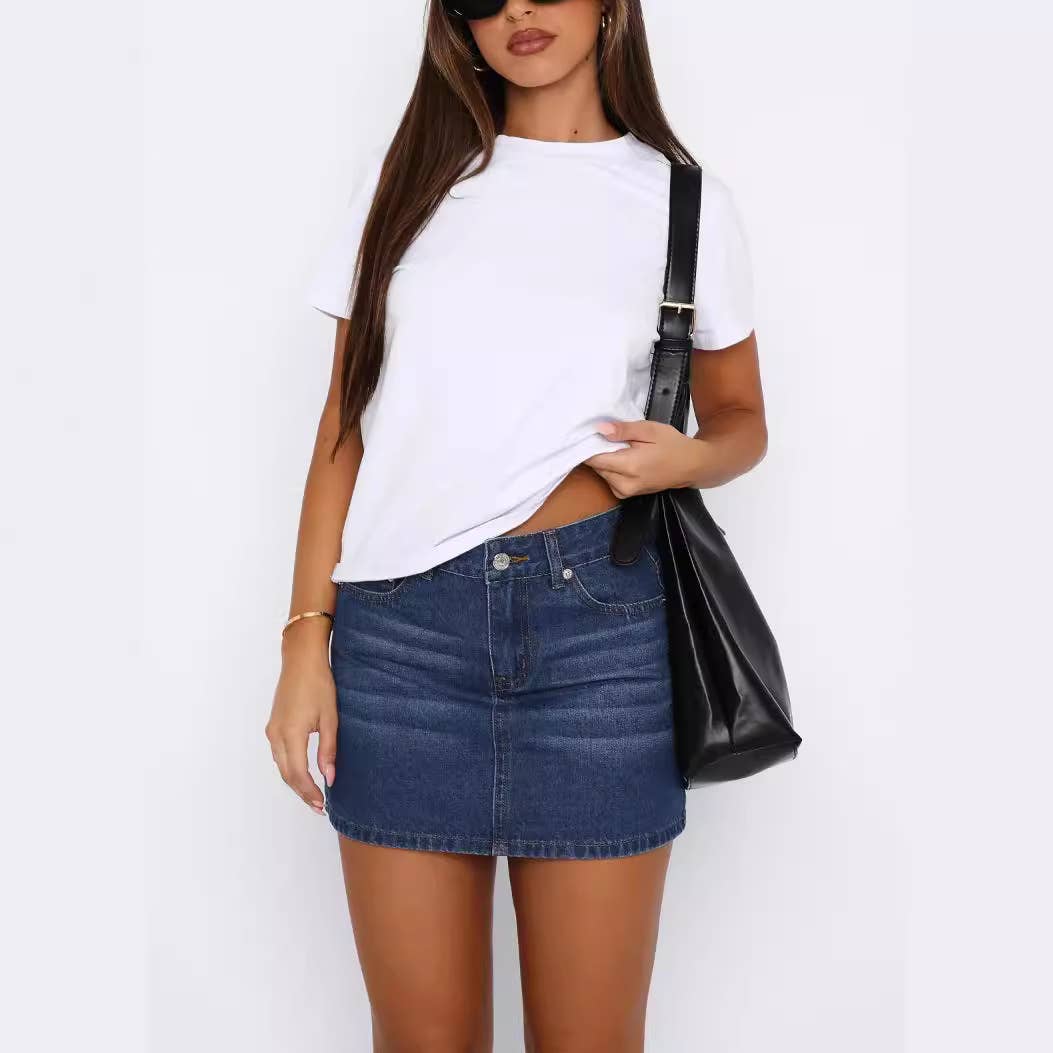 Retro form-fitting elastic denim mini skirt
