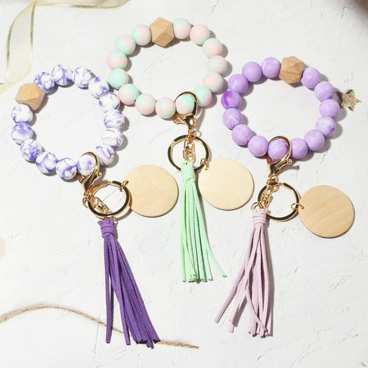 Silicone Bead Bracelet Keychain with Beech Wood