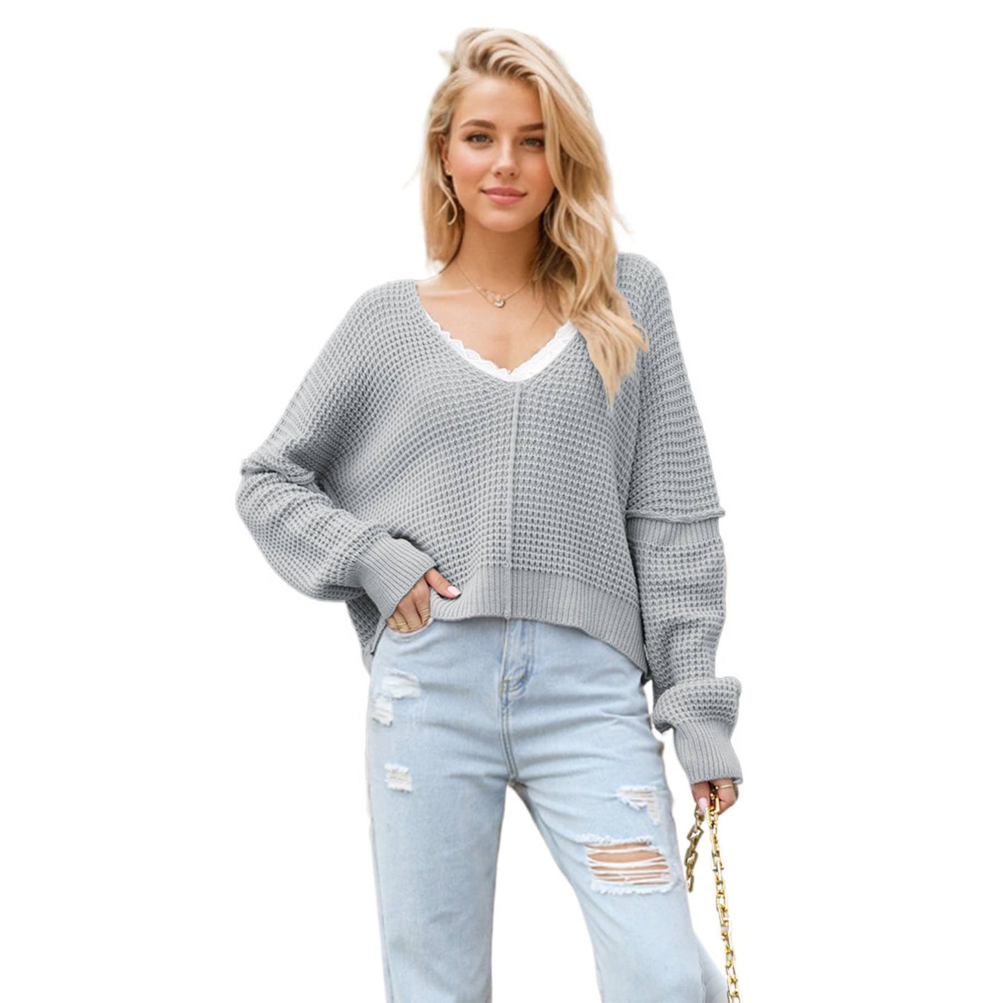 V-NECK OFF-THE-SHOULDER LOOSE-FITTING SWEATER