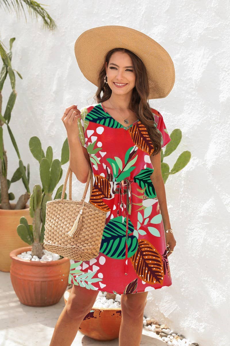 CWDSD4019_V-NECK FLORAL PRINT DRAWSTRING DRESS