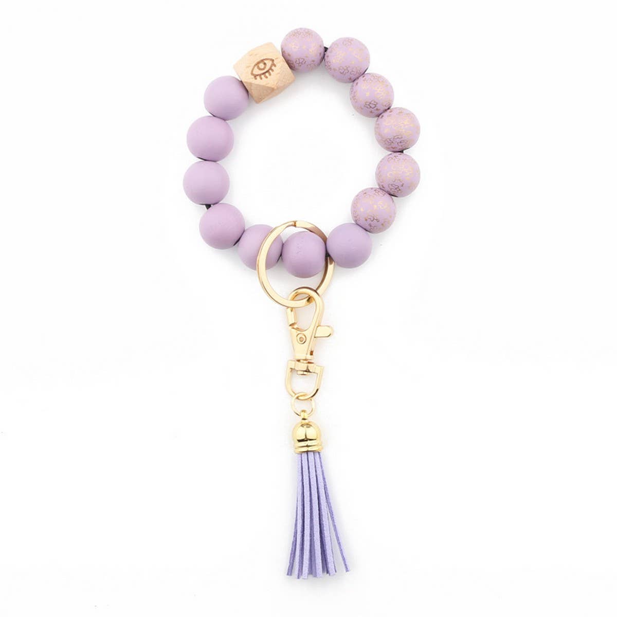 Printed Wood Bead Bracelet with PU Tassel Keychain_CWMM7015