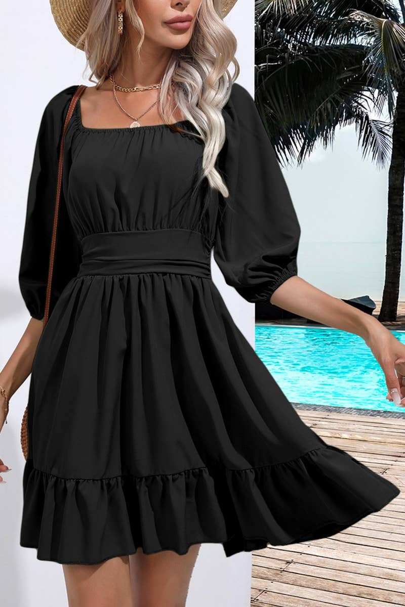 CWDSD7390_SUMMER RUFFLED SQUARE NECK TIE SHORT DRESS