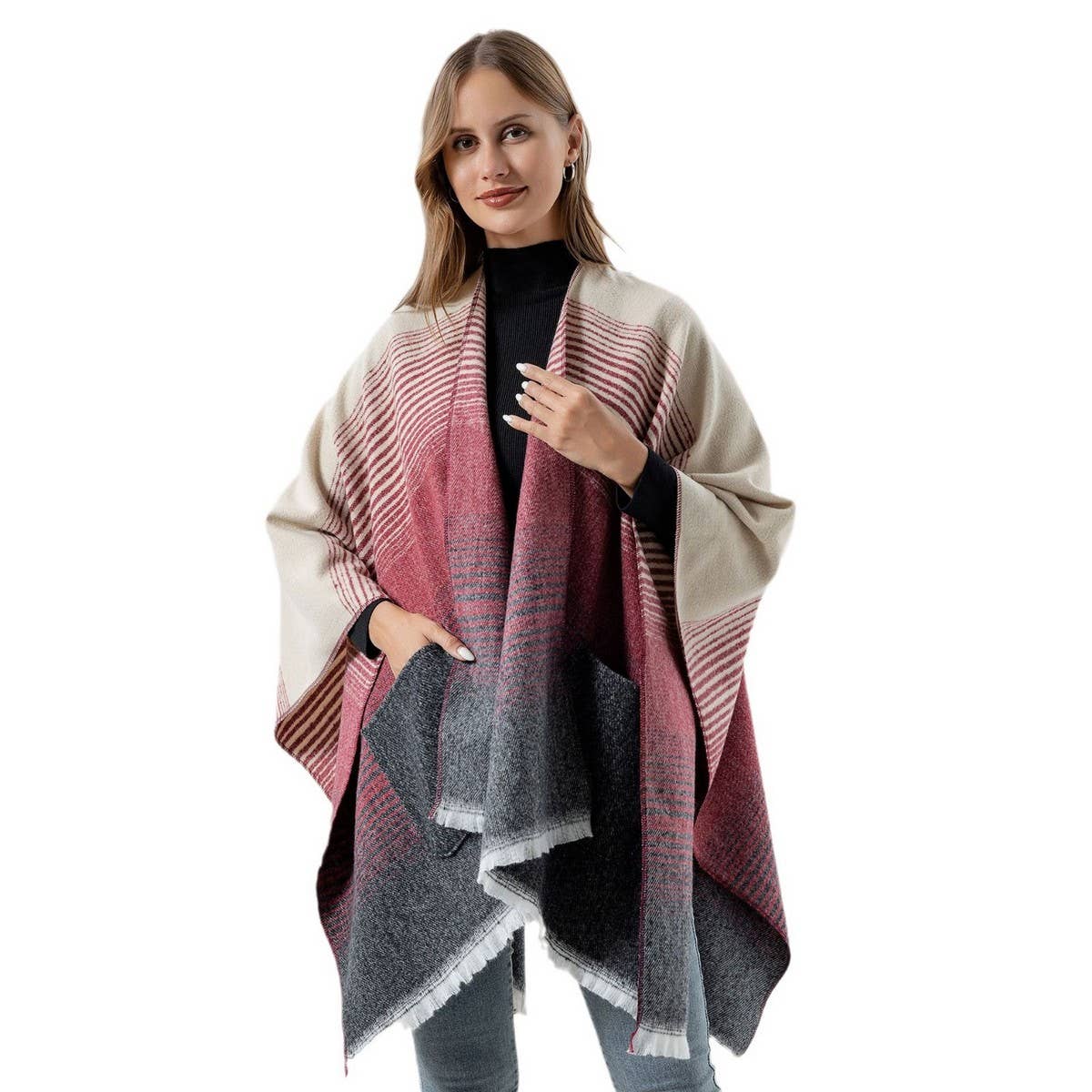 FASHIONABLE SHAWL IMITATION CASHMERE SLIT CAPE