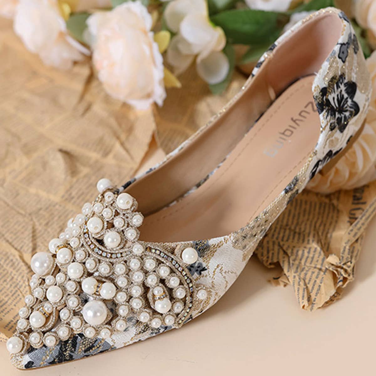 FAUX PEARL FLORAL PRINT DECOR FLAT SHOES FOR WOMAN