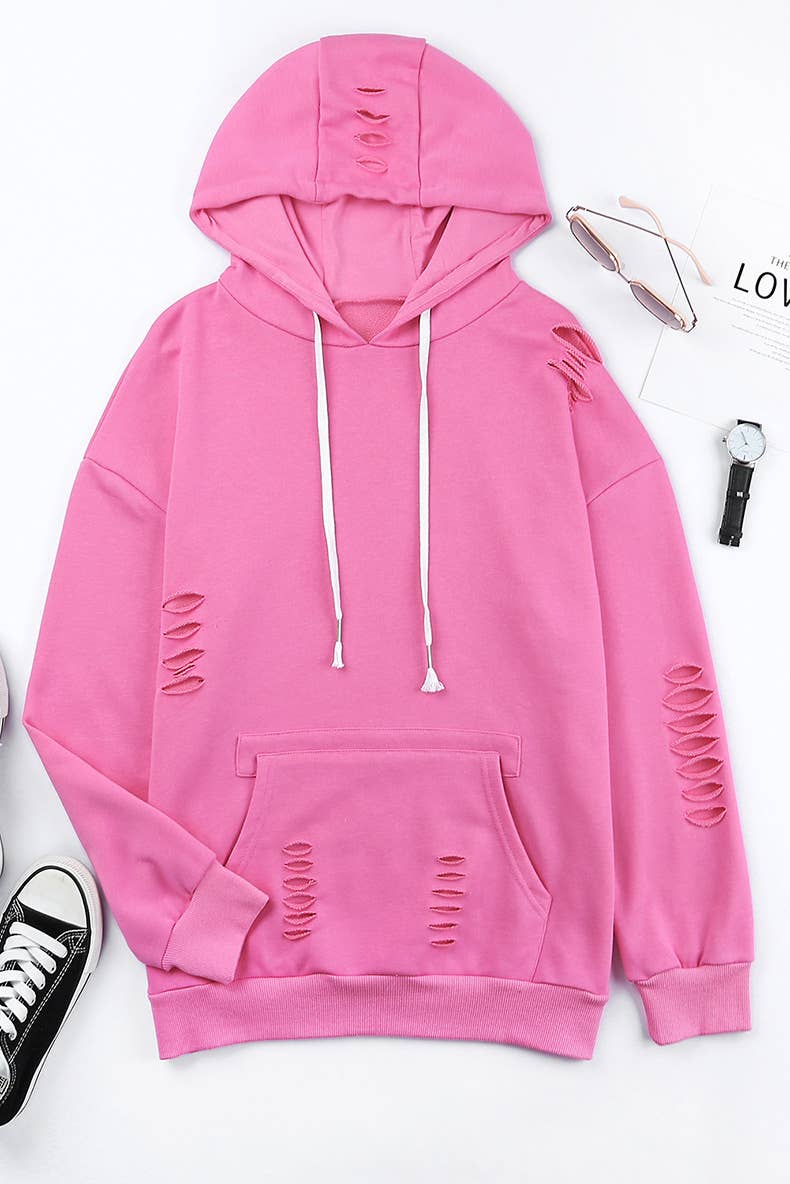 SOLID COLOR ALL-IN-ONE RIPPED HOODIE JUMPER
