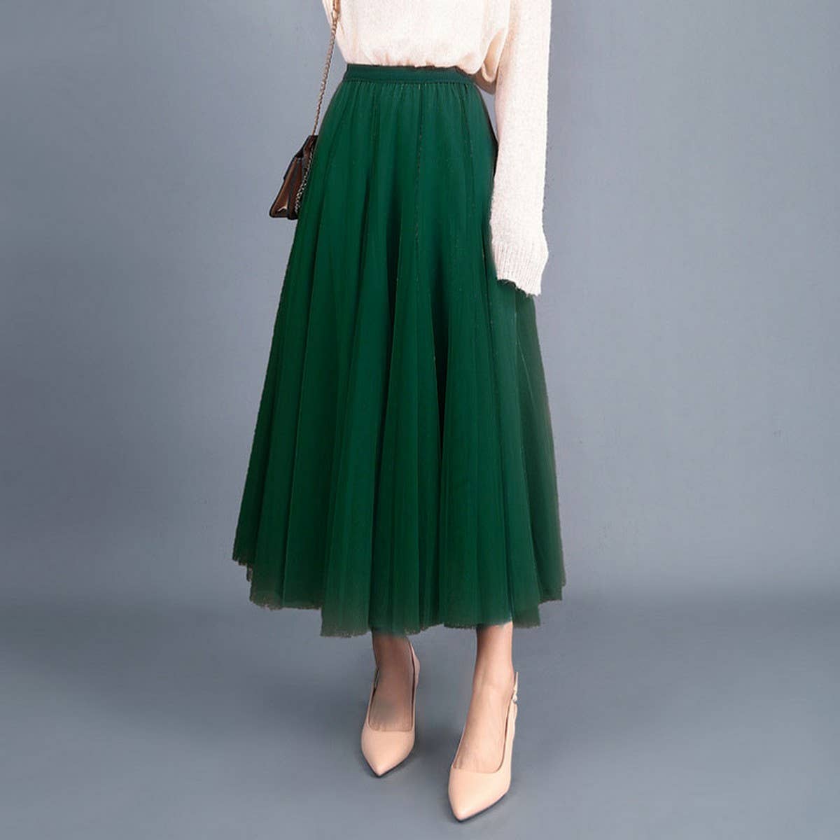 High-Waist Tulle A-Line Pleated Midi Skirt