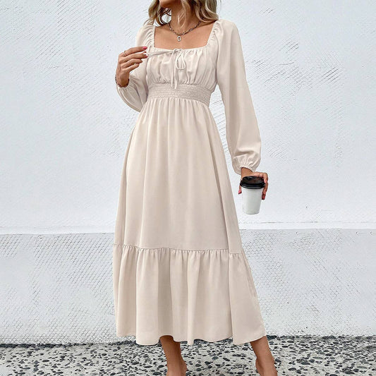LONG SLEEVED SQUARE COLLAR STYLE SWING MAXI DRESS_CWDMD1413