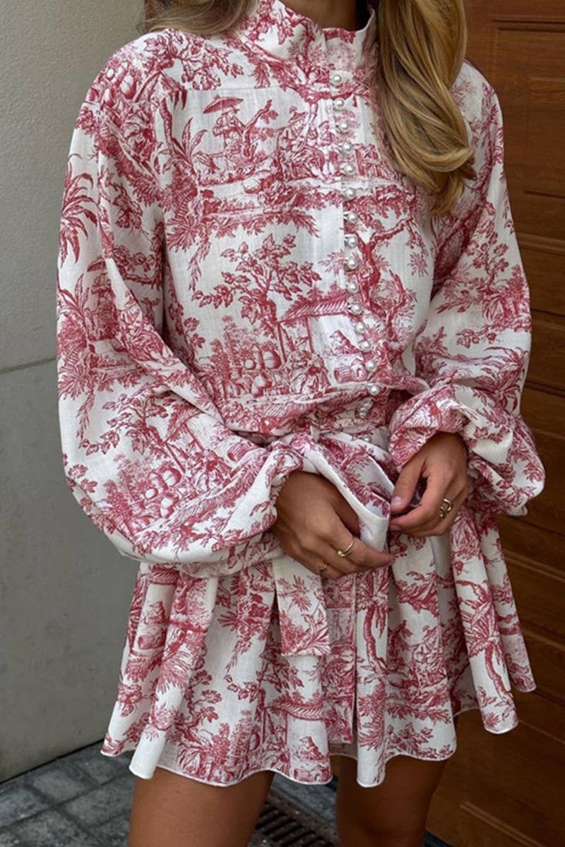 CWDSD7783_INK PRINT LONG SLEEVE STAND COLLAR DRESS