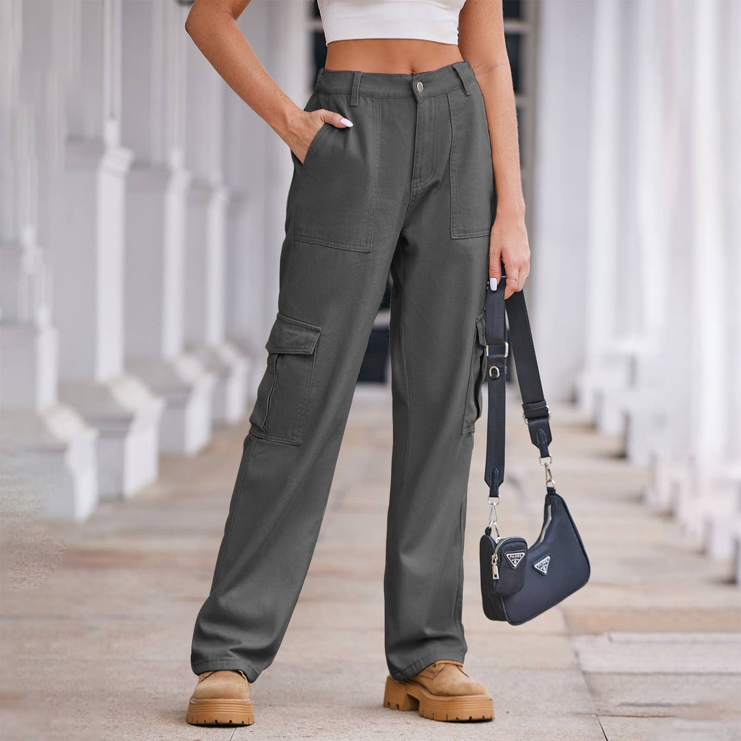 WASHED SEMI-ELASTIC-WAISTED DENIM CARGO PANTS
