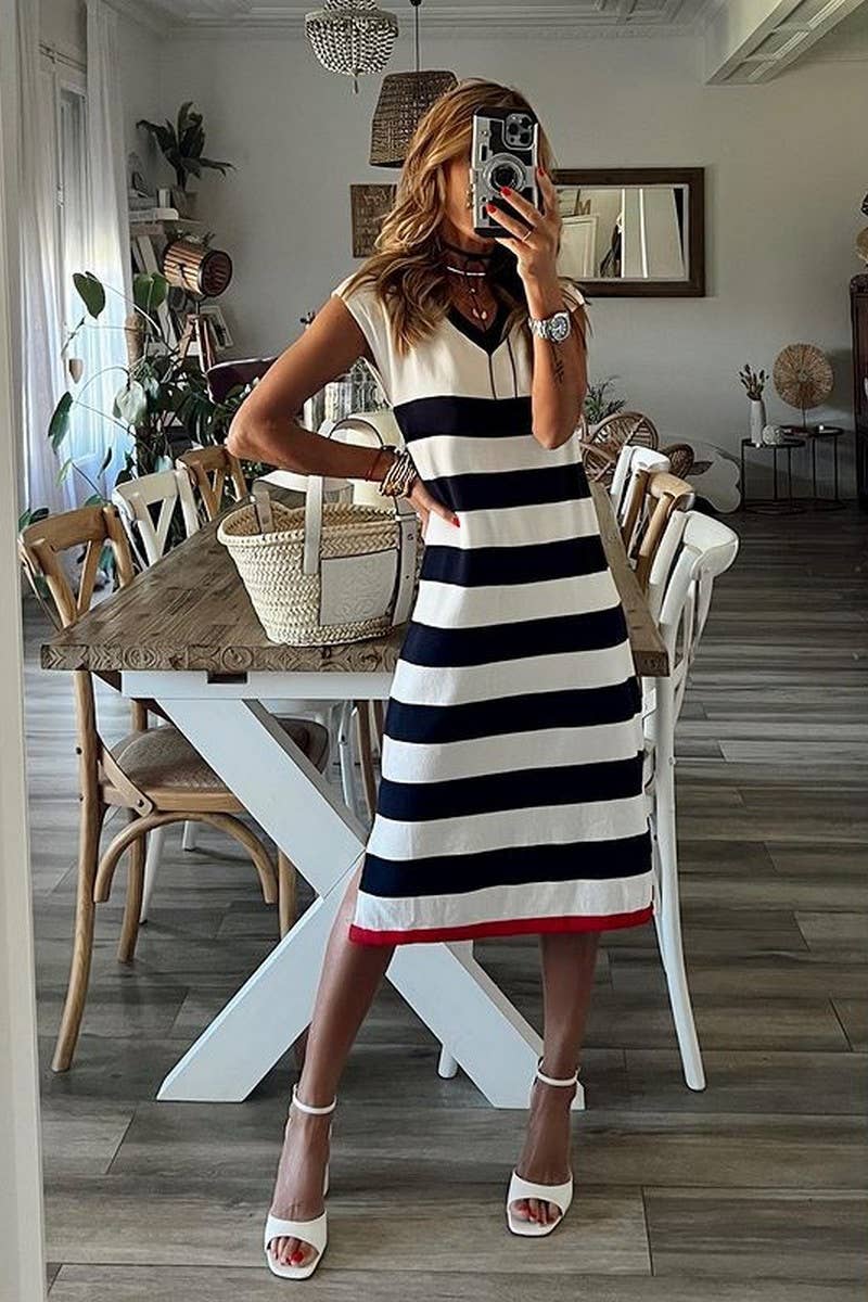 CWDMD5848_SUMMER STRIPED V-NECK HEM SLIT CASUAL LOOSE DRESS