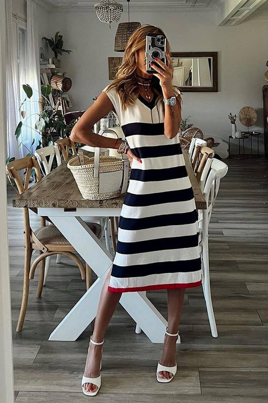 CWDMD5848_SUMMER STRIPED V-NECK HEM SLIT CASUAL LOOSE DRESS