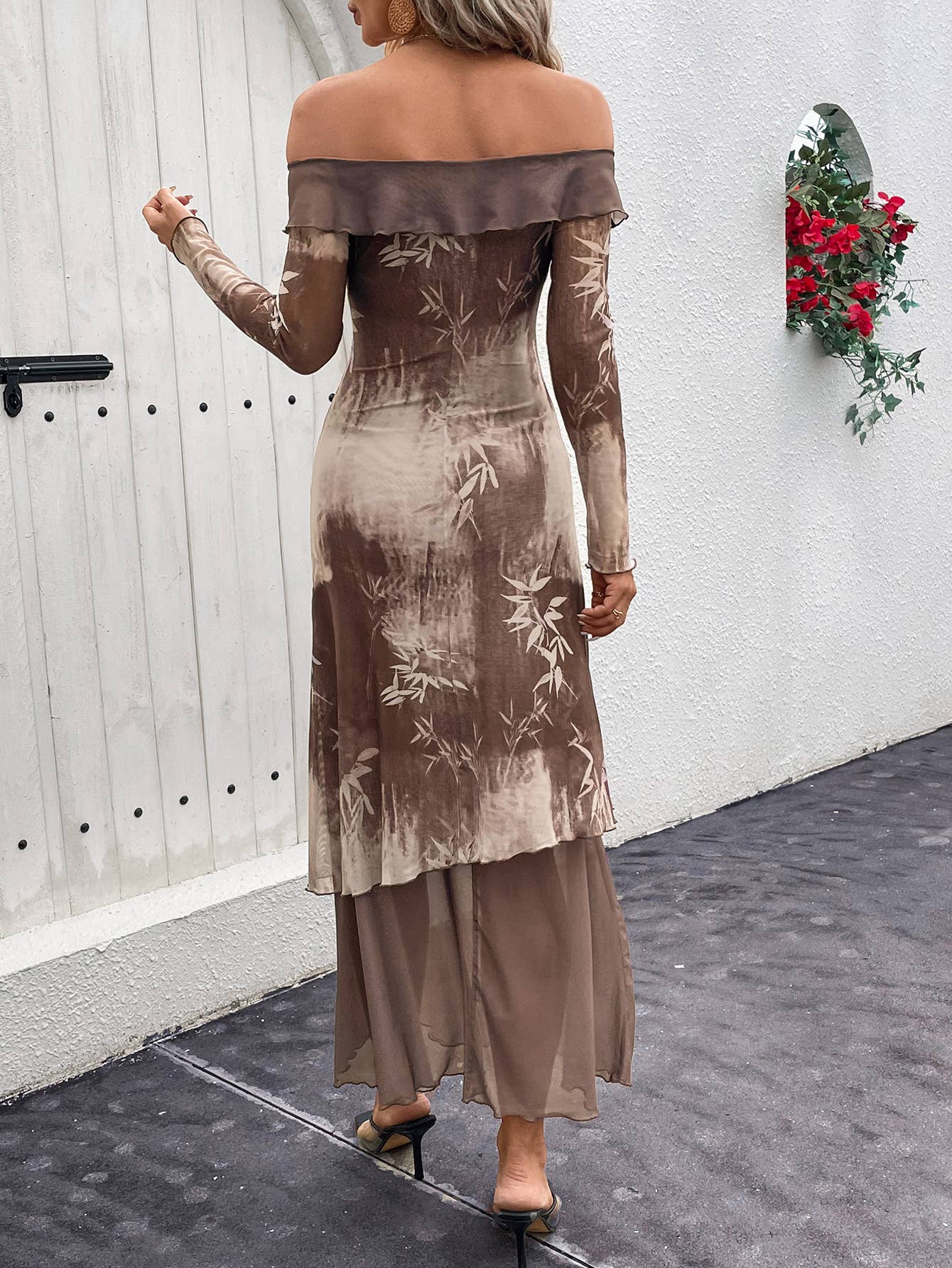 SHEER PRINTED ONE-SHOULDER STRETCH MESH DRESS